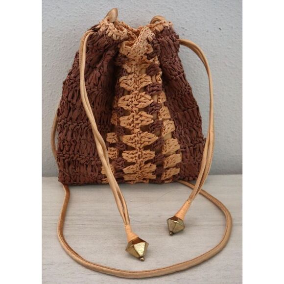 Free People Women's OS Peach/Brown Woven Drawstring Boho Heatwave Mini Bag - Picture 1 of 7